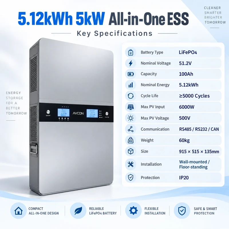 Système de stockage d'énergie tout-en-un hors réseau de 5.12 kWh et 5 kW