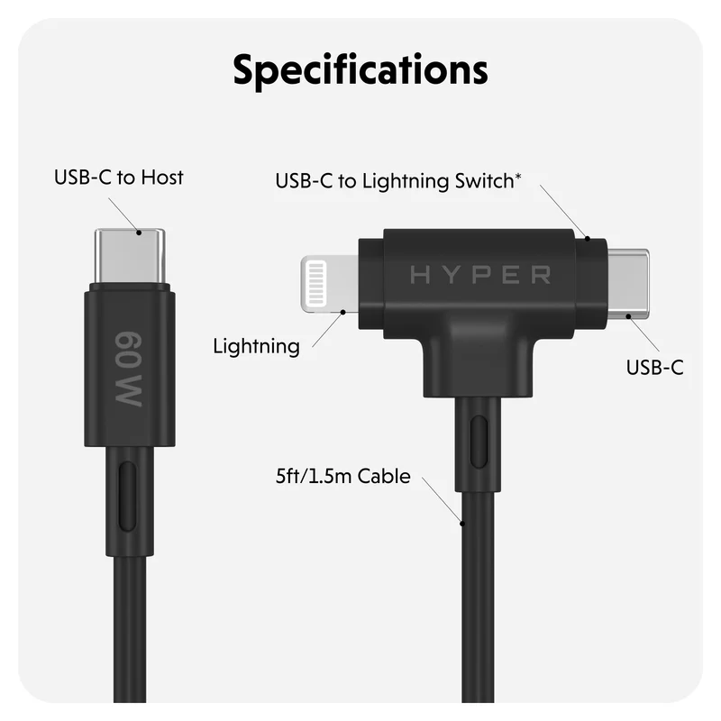 HyperJuice Câble hybride USB-C et Lightning en silicone (1,5 m) - Noir