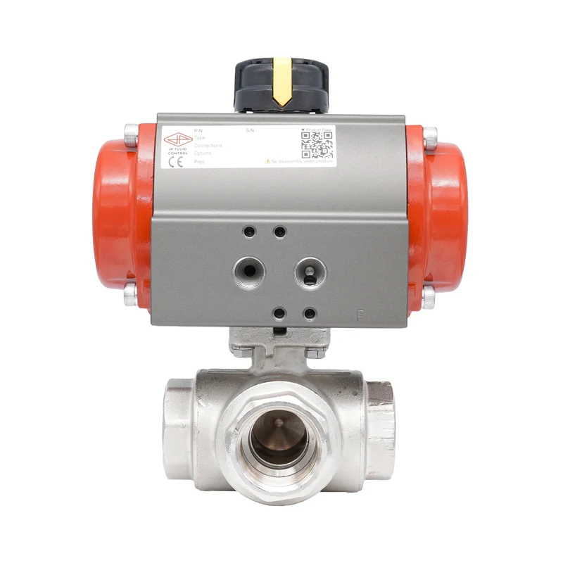 Vanne à bille pneumatique 3 voies à alésage en T en laiton Rp 3/4" - à fermeture par ressort