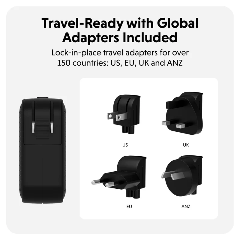 Chargeur de voyage HyperJuice® 70 W USB-C GaN testé pour la sécurité - Noir