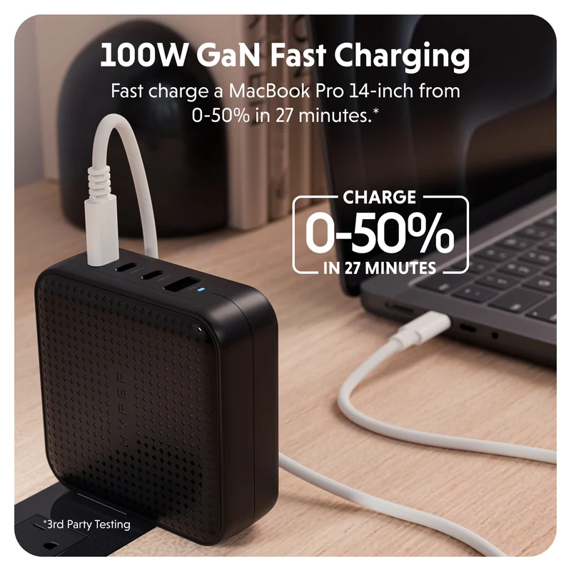 Chargeur de voyage HyperJuice® 100 W USB-C GaN testé pour la sécurité - Noir