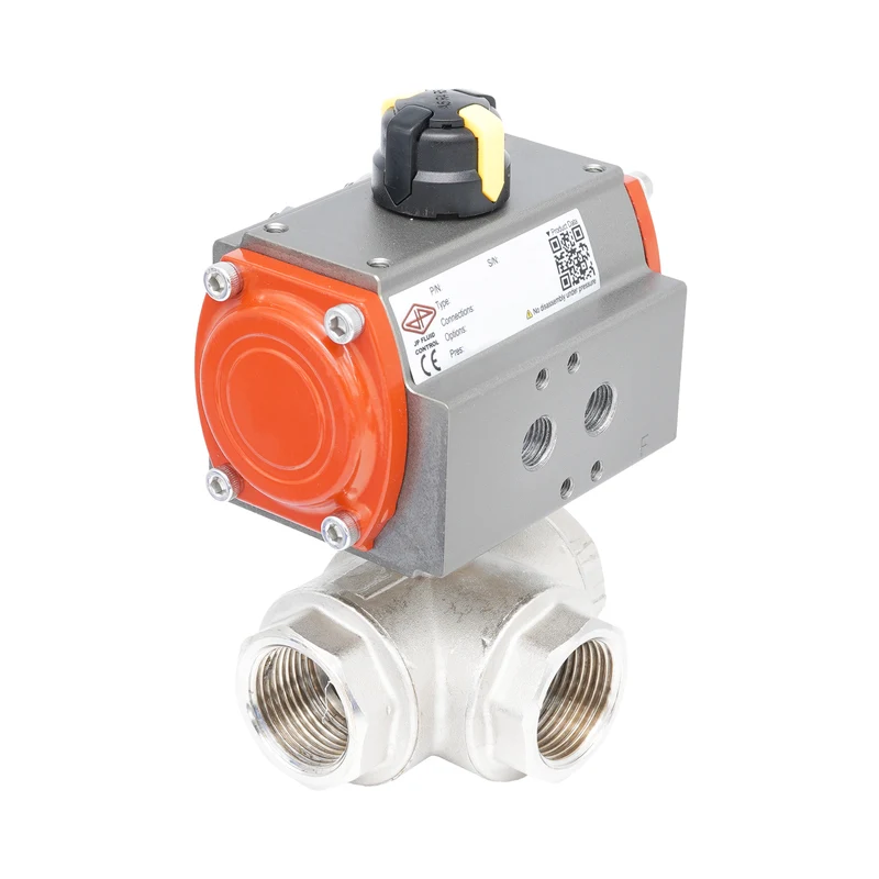 Vanne à bille pneumatique 3 voies à alésage en L en laiton Rp 3/8" - à double effet