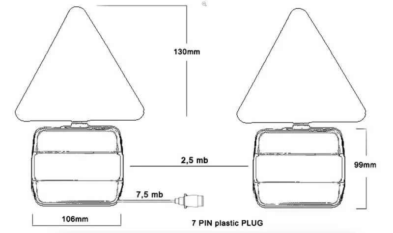 Kit de feux magnétiques carrés et triangulaires pour remorque avec câble de 7.5 m / 7 pôles