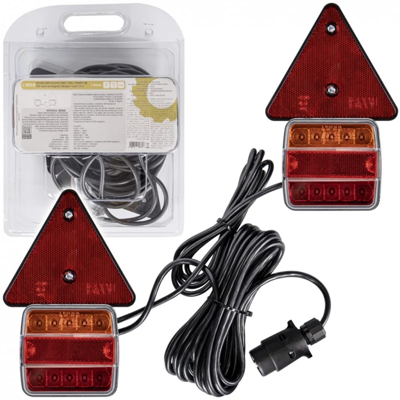 Kit de feux magnétiques carrés et triangulaires pour remorque avec câble de 7.5 m / 7 pôles