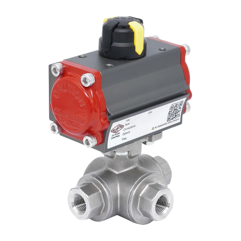 Rp 2'' Vanne à Bille 3 Voies T-Port en Acier Inoxydable avec Actionneur Pneumatique à Rappel par Ressort, Normalement Ouverte