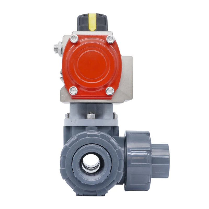 Vanne a bille pneumatique PVC 3 voies Manchon A Coller 40mm perçage en L double effet