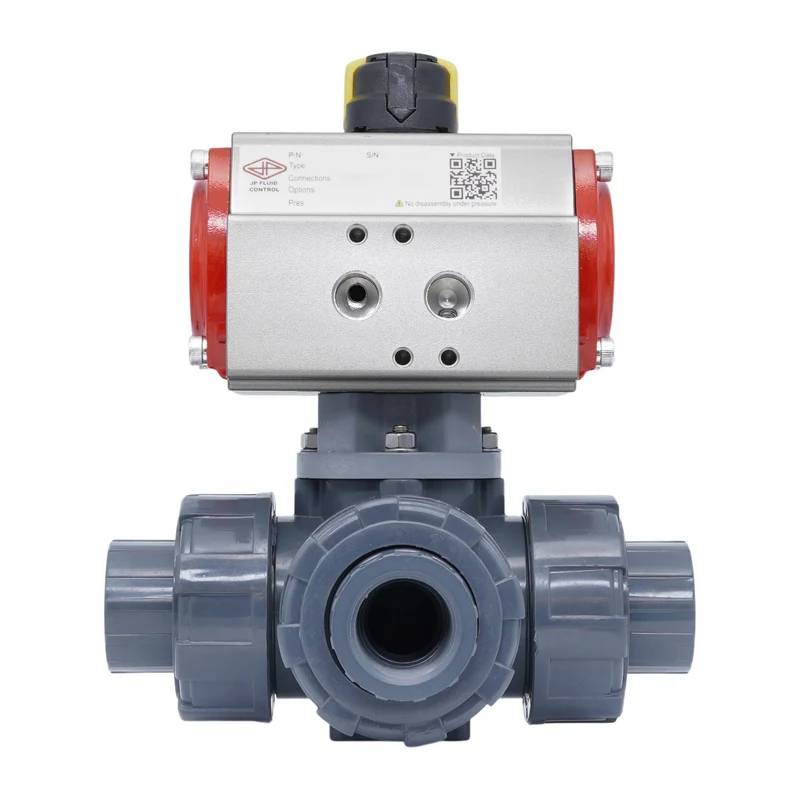Vanne a bille pneumatique PVC 3 voies 32mm Manchon A Coller perçage en T fermeture par ressort