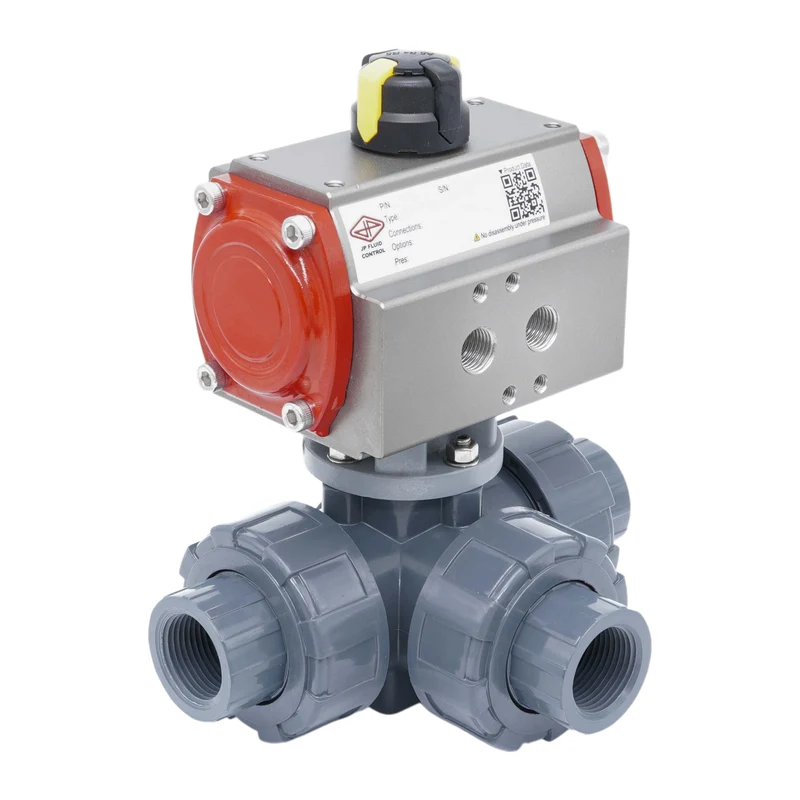 Vanne a bille pneumatique PVC 3 voies 20mm Manchon A Coller perçage en L fermeture par ressort