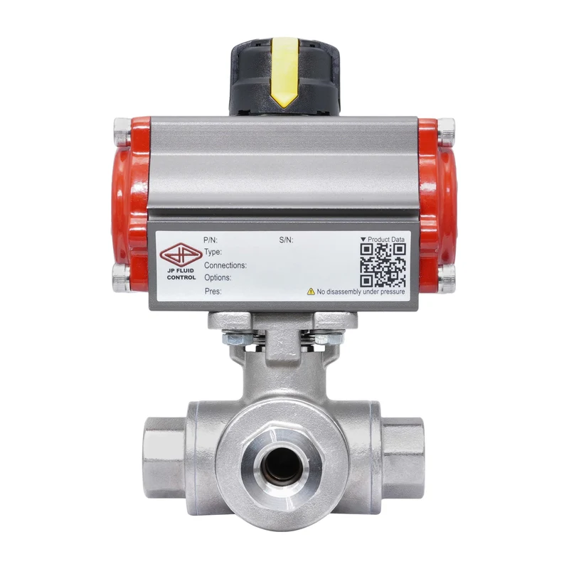 Rp 1/4'' Vanne à Bille 3 Voies L-Port en Acier Inoxydable avec Actionneur Pneumatique à Rappel par Ressort, Normalement Ouverte