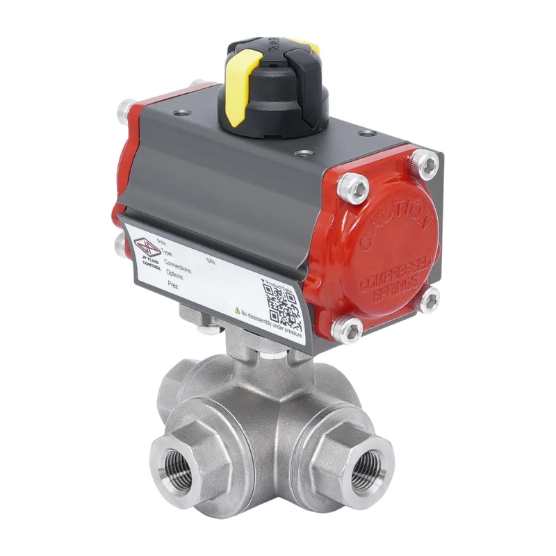 Rp 1/4'' Vanne à Bille 3 Voies T-Port en Acier Inoxydable avec Actionneur Pneumatique Double Effet
