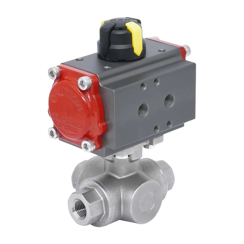 Rp 1'' Vanne à Bille 3 Voies T-Port en Acier Inoxydable avec Actionneur Pneumatique à Rappel par Ressort, Normalement Fermée