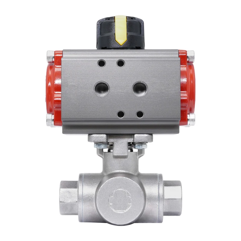 Rp 1 1/4'' Vanne à Bille 3 Voies T-Port en Acier Inoxydable avec Actionneur Pneumatique à Rappel par Ressort, Normalement Ouverte