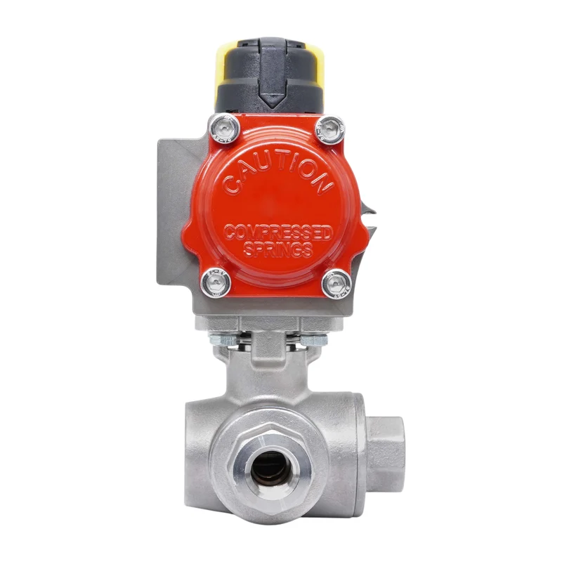 Rp 1'' Vanne à Bille 3 Voies T-Port en Acier Inoxydable avec Actionneur Pneumatique à Rappel par Ressort, Normalement Ouverte