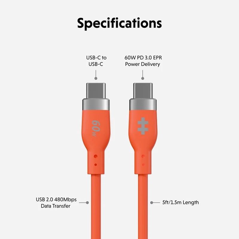 Câble de recharge HyperJuice Flex USB-C vers USB-C en silicone, 60 W (1,5 m / 5 pieds) - Orange
