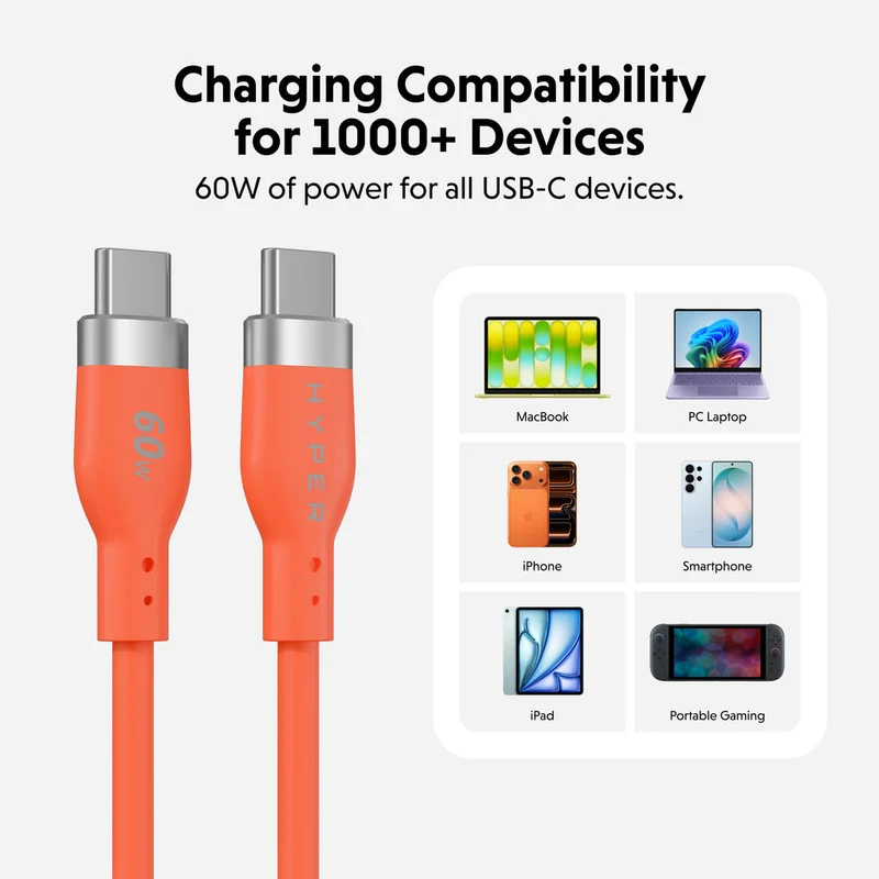 Câble de recharge HyperJuice Flex USB-C vers USB-C en silicone, 60 W (1,5 m / 5 pieds) - Orange