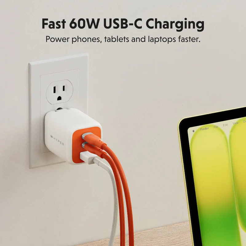 Câble de recharge HyperJuice Flex USB-C vers USB-C en silicone, 60 W (1,5 m / 5 pieds) - Orange