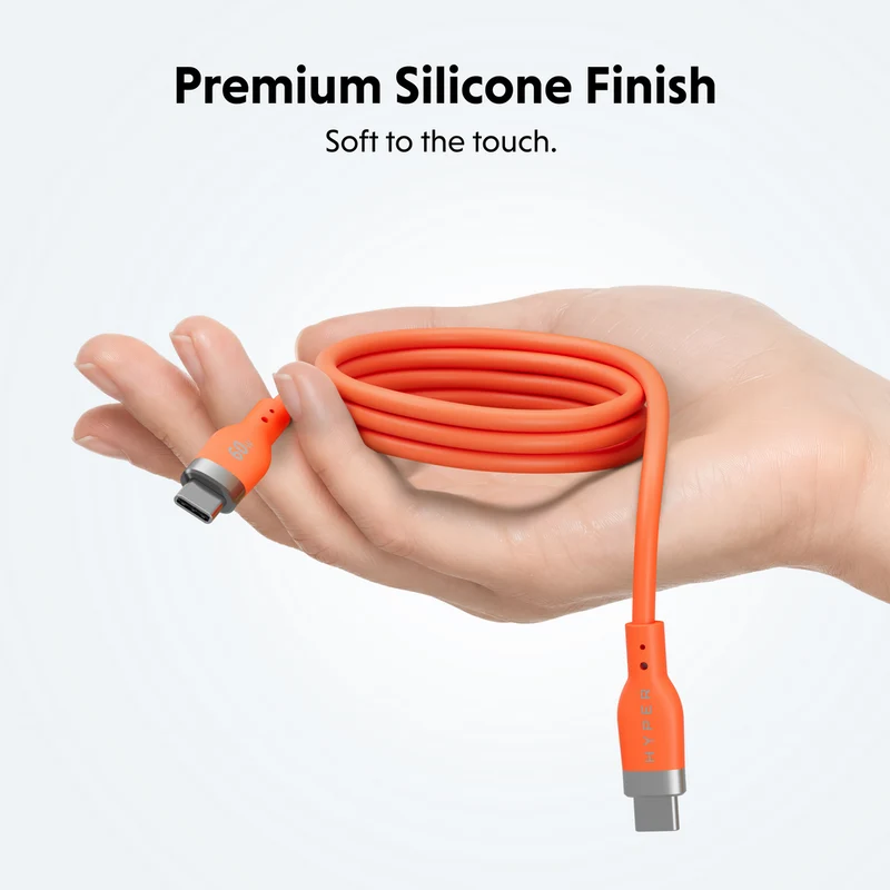 Câble de recharge HyperJuice Flex USB-C vers USB-C en silicone, 60 W (1,5 m / 5 pieds) - Orange