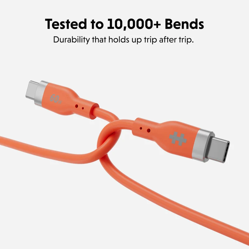 Câble de recharge HyperJuice Flex USB-C vers USB-C en silicone, 60 W (1,5 m / 5 pieds) - Orange