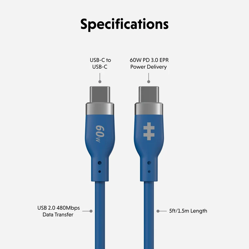 Câble de recharge HyperJuice Flex USB-C vers USB-C en silicone, 60 W (1,5 m / 5 pieds) - Bleu