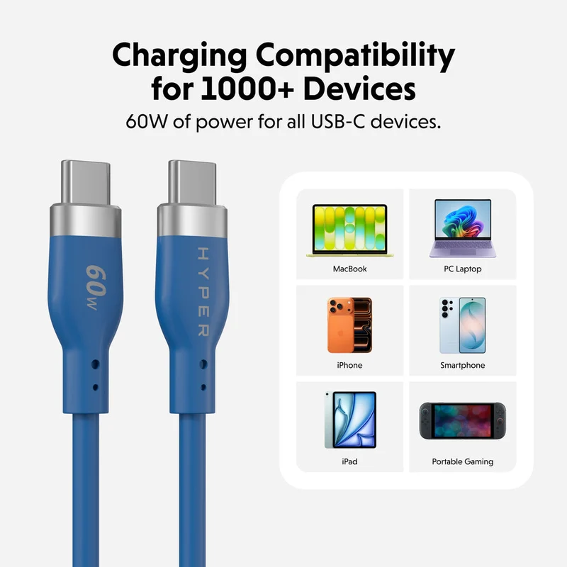 Câble de recharge HyperJuice Flex USB-C vers USB-C en silicone, 60 W (1,5 m / 5 pieds) - Bleu