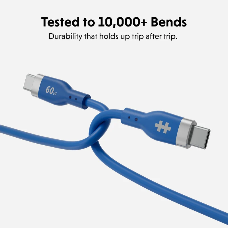 Câble de recharge HyperJuice Flex USB-C vers USB-C en silicone, 60 W (1,5 m / 5 pieds) - Bleu