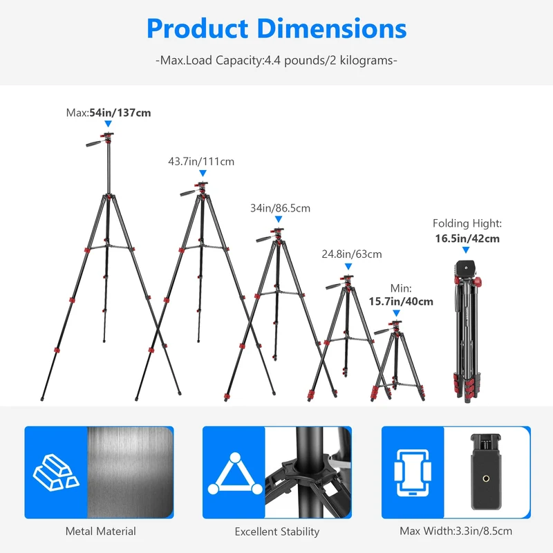 Tripod Kit, 54-Inch Travel Tripod with Phone