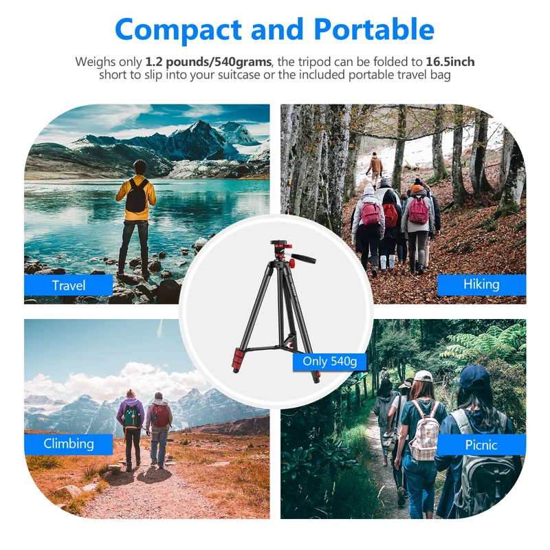 Tripod Kit, 54-Inch Travel Tripod with Phone