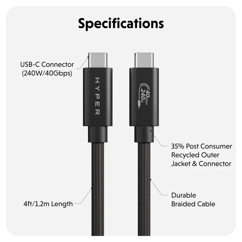 Câble haute performance HyperDrive® Next USB4 Type-C (1,2 m / 4 pieds) - Noir*