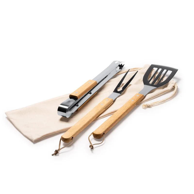 Set Barbecue 3 Pièces en Inox et Bois - Spatule, Pince et Fourchette avec Housse