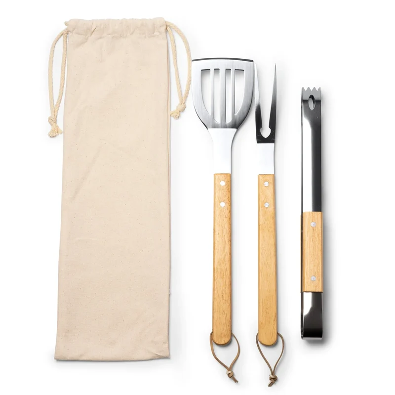 Set Barbecue 3 Pièces en Inox et Bois - Spatule, Pince et Fourchette avec Housse
