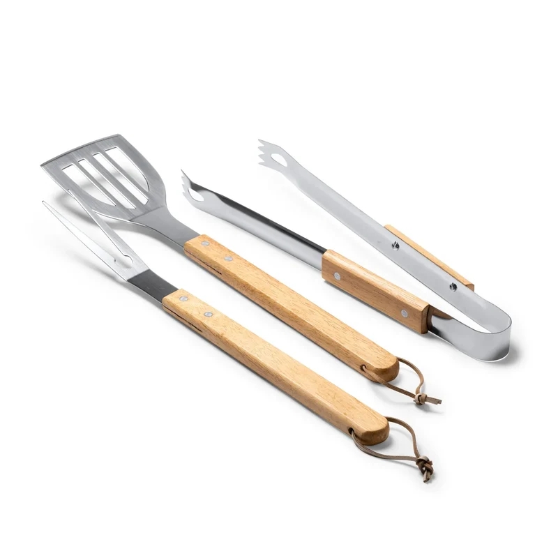 Set Barbecue 3 Pièces en Inox et Bois - Spatule, Pince et Fourchette avec Housse