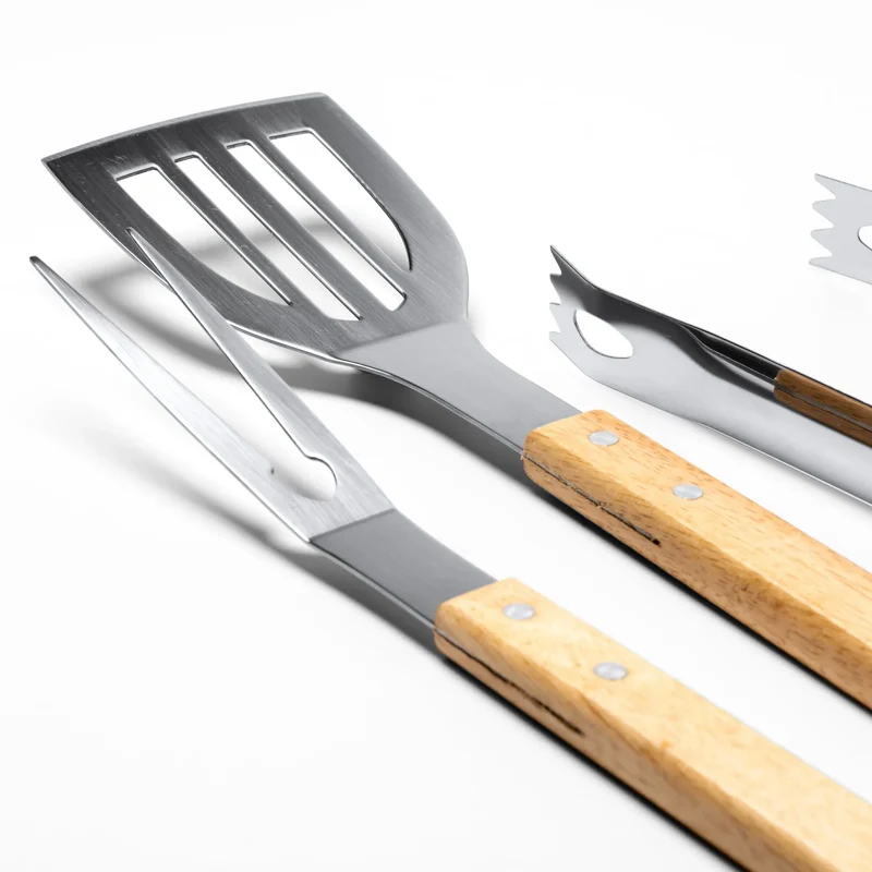 Set Barbecue 3 Pièces en Inox et Bois - Spatule, Pince et Fourchette avec Housse
