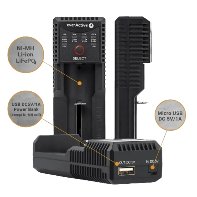 Chargeur pour 1 batterie, Li-Ion, LiFePO4 et Ni-MH