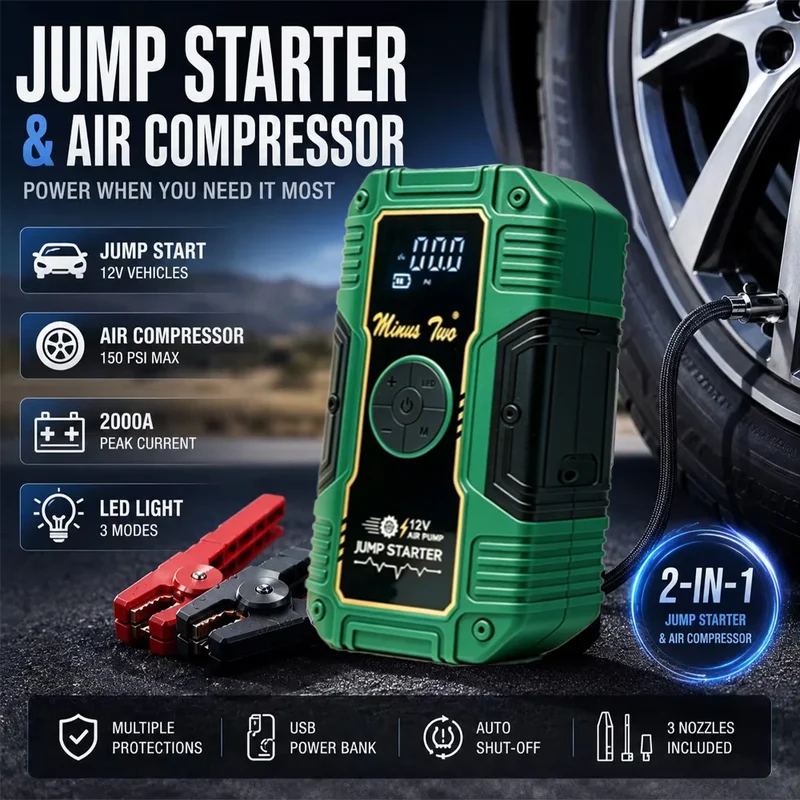 Booster de Batterie 2000A 12V Compresseur d'Air et Lampe LED