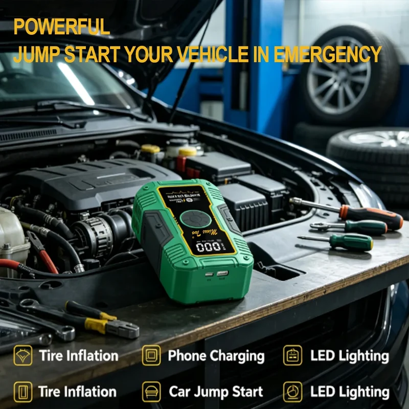 Booster de Batterie 2000A 12V Compresseur d'Air et Lampe LED