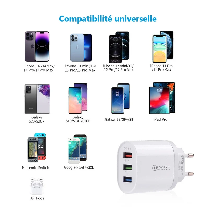 Chargeur Secteur 3 Ports USB - Blanc