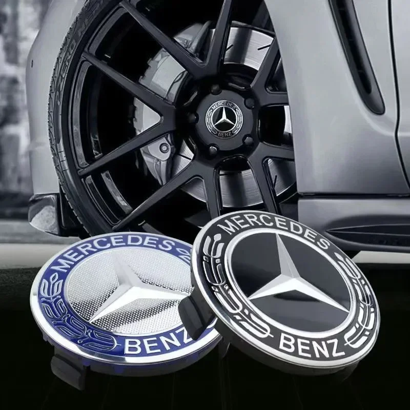 Centre de Roues Mercedes 75mm Noir Chrome Bleu