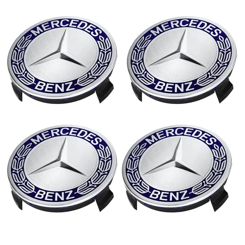 Centre de Roues Mercedes 75mm Noir Chrome Bleu