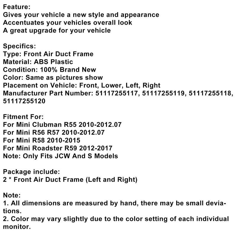 Cadre Conduit Air Avant Mini R55 R56 R57 R58 R59 JCW S Noir