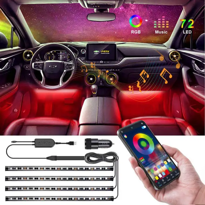 Kit LED Intérieur Voiture 72 LEDs RGB Contrôle APP Bluetooth