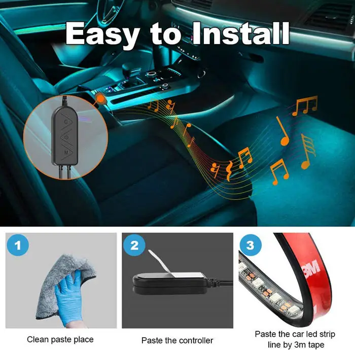 Kit LED Intérieur Voiture 72 LEDs RGB Contrôle APP Bluetooth