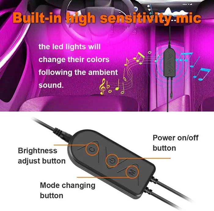 Kit LED Intérieur Voiture 72 LEDs RGB Contrôle APP Bluetooth