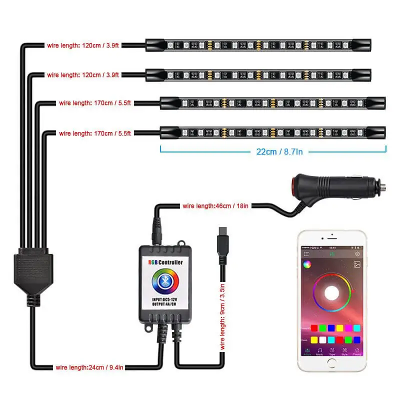 Kit d'Ambiance LED Intérieur Voiture 48 LED DC 12V App