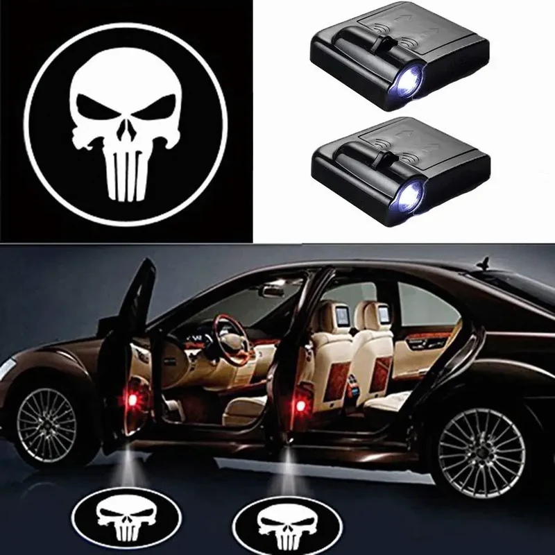 2X Lumières De Porte LED Sans Fil Skull Pour Voiture