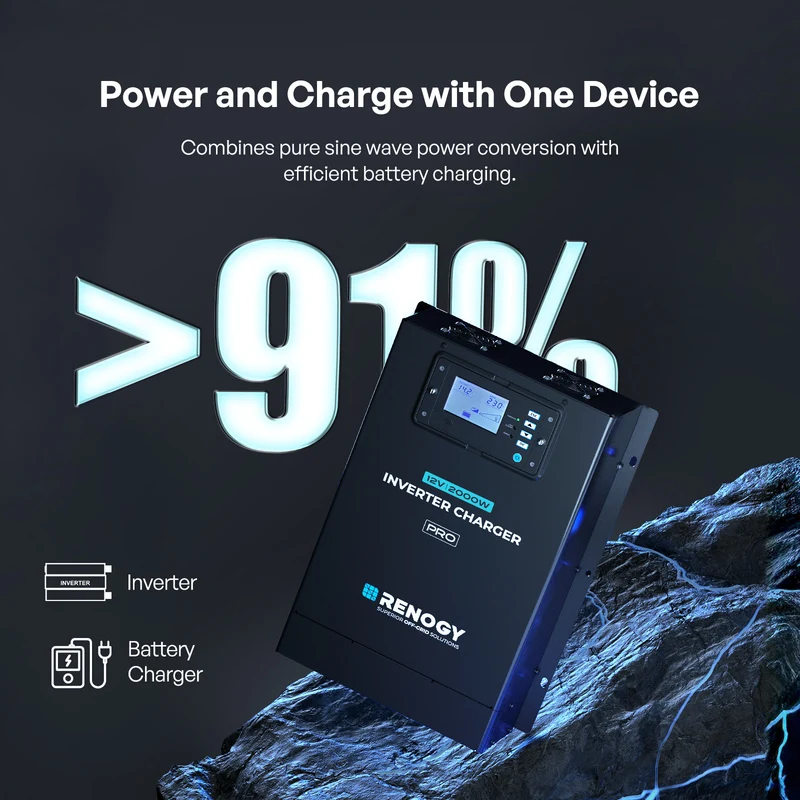 Pro 12V 2000W Onduleur Hybride, Chargeur à Onde Sinusoïdale Pure Tout-en-un