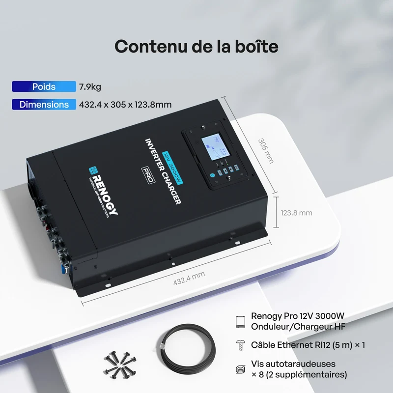 Pro 12V 3000W Onduleur Hybride, Chargeur à Onde Sinusoïdale Pure Tout-en-un