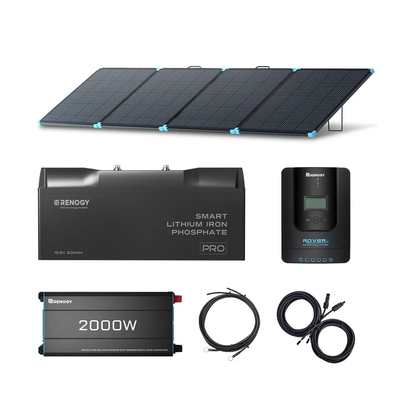 2kWh Énergie de Secours Portable – Panneau Solaire Pliable 400W + Batterie Lithium PRO 12V 200Ah + Onduleur pur sinus 2000W
