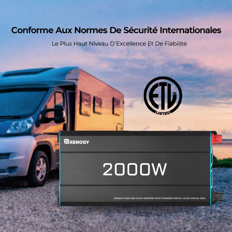 12V 2000W Onduleur Solaire à Onde Sinusoïdale Pure DC-AC pour Camping-car, Van Fourgon et Off-Grid