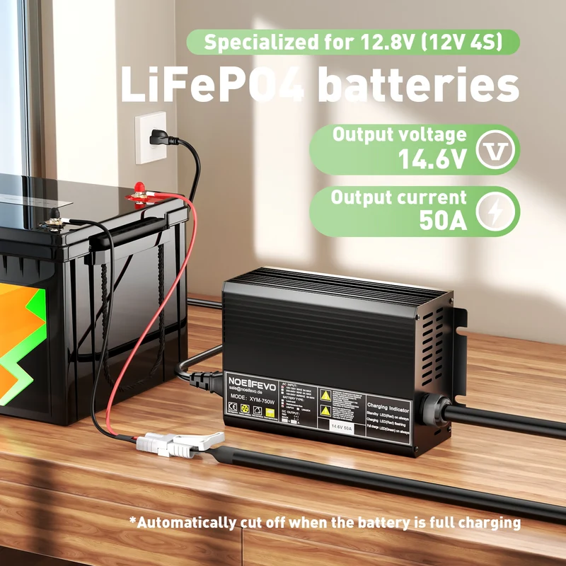 Noeifevo 14.6V 50A Lithium LiFePO4 battery charger for 12V 12.8V Battery, Automatic Cut Off, 0V BMS Activate, AC-DC Fast Smart Charger