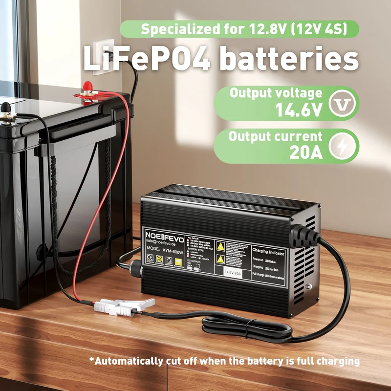 Noeifevo 12V 20A Lithium LiFePO4 Battery Charger, Charging Voltage 14.6Volt, Automatica Cut Off, 0V BMS Activate,AC-DC Smart Charger